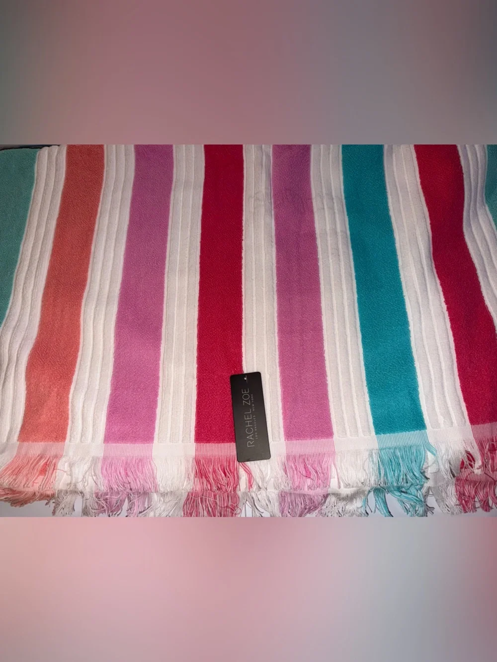 Rachel Zoe Rainbow Stripes Fringed Oversized Beach Pool Resort Vacation Towel